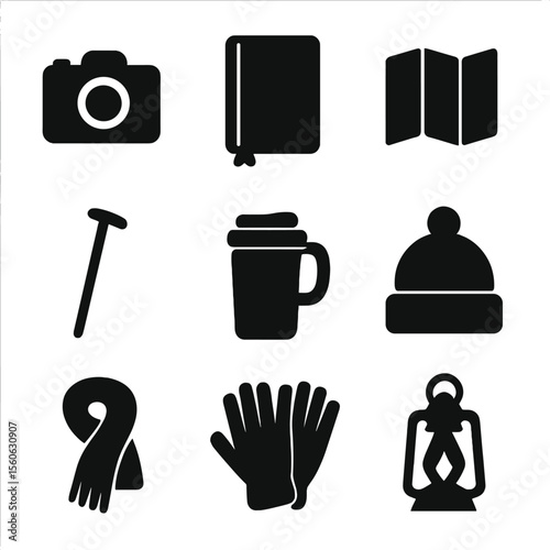 Solo Travel Icons. Solid, filled icon set of peaceful solo travel: camera, journal, map, walking stick, travel mug, wool hat,
