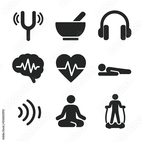 Sound Therapy Icons. Solid, filled icon set of benefits of sound therapy and vibrations for health: tuning fork, singing bowl,