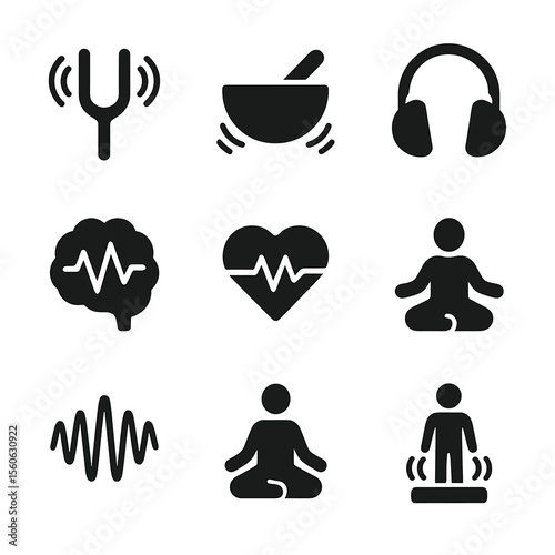 Sound Therapy Icons. Solid, filled icon set of benefits of sound therapy and vibrations for health: tuning fork, singing bowl,