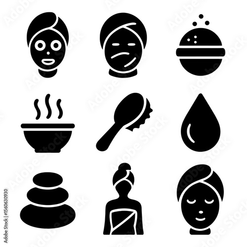 Spa Icon Set. Solid, filled icon set of spa skincare rituals: face mask, hot towel, bath bomb, steam bowl, skin brush, oil droplet