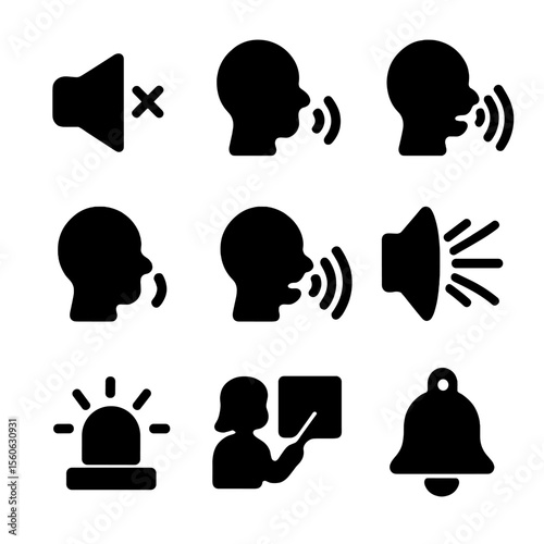 Sound Level Icons. Solid, filled icon set of sound level categories: silent icon, whisper icon, low talk icon, regular talk icon,