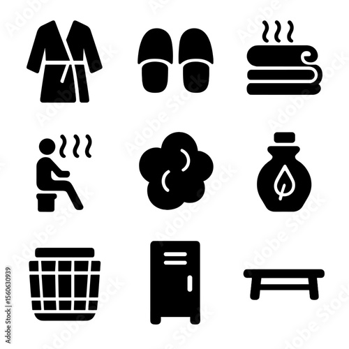 Spa Icons Set. Solid, filled icon set of spa locker room features: robe, slippers, hot towel, sauna icon, steam cloud, scented oil