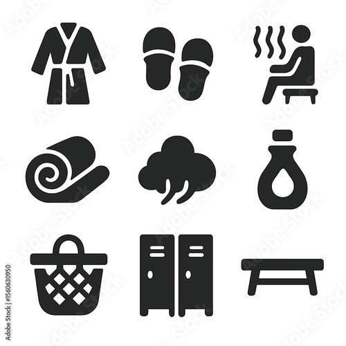 Spa Icons Set. Solid, filled icon set of spa locker room features: robe, slippers, hot towel, sauna icon, steam cloud, scented oil