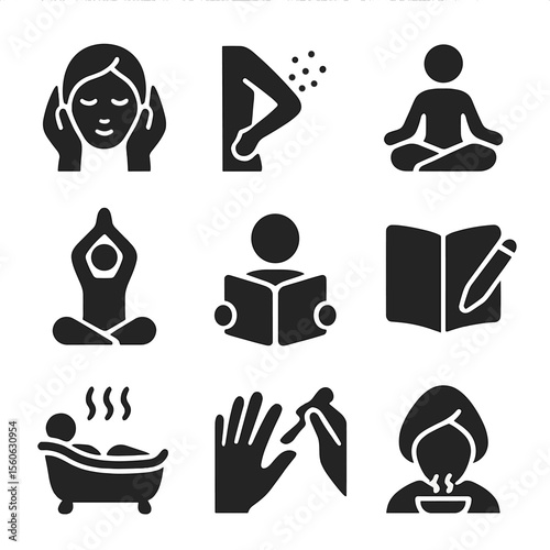 Spa Day Icon Set. Solid, filled icon set of spa day activities: facial massage, body scrub, meditation, yoga, reading book,