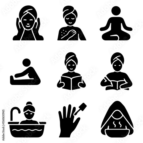 Spa Day Icon Set. Solid, filled icon set of spa day activities: facial massage, body scrub, meditation, yoga, reading book,