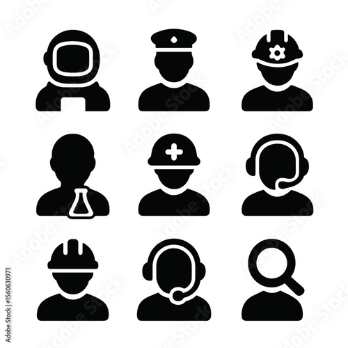Space Crew Icons. Solid, filled icon set of mission crew and roles: astronaut, commander, engineer, scientist, medic, pilot,