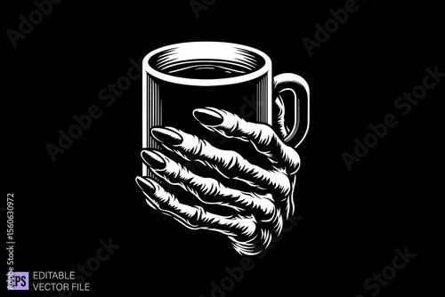 hand holding mug dark art scary creepy illustration engraving style tattoo vector black and white background templates