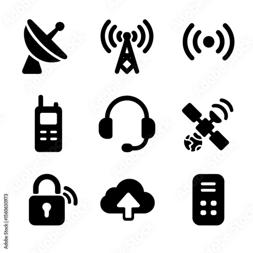 Space Communication Icons. Solid, filled icon set of space communication devices: satellite dish, antenna tower, signal waves,