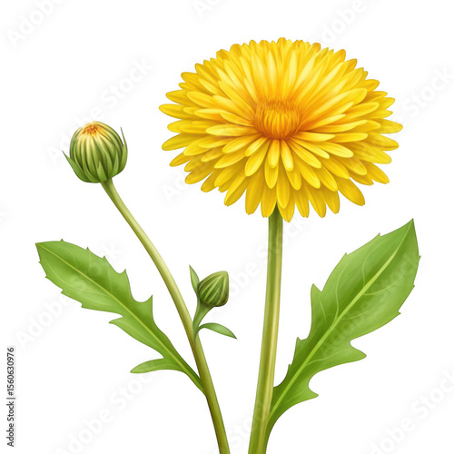 Vibrant yellow dandelion flower with buds and leaves isolated on transparent background