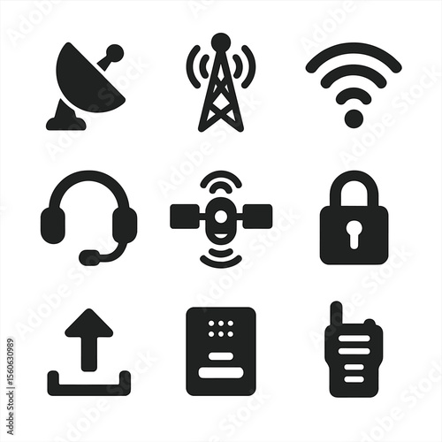 Space Communication Icons. Solid, filled icon set of space communication devices: satellite dish, antenna tower, signal waves,