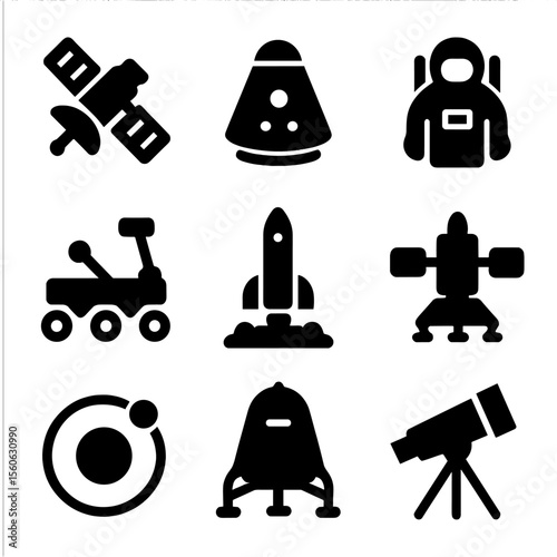 Space Innovation Icons. Solid, filled icon set of space innovation: satellite, space capsule, space suit, Mars rover, rocket