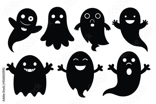 Cute halloween ghost silhouettes with funny and spooky faces