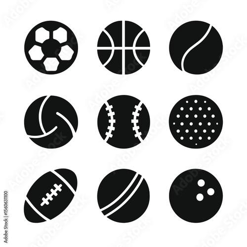 Sport Ball Icons. Solid, filled icon set of sports balls: soccer ball, basketball, tennis ball, volleyball, baseball, golf ball,