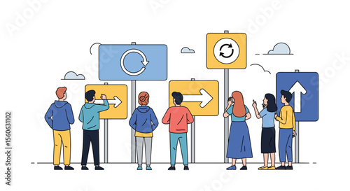 Team Members Observe Directional Signs Indicating Progress and Choices