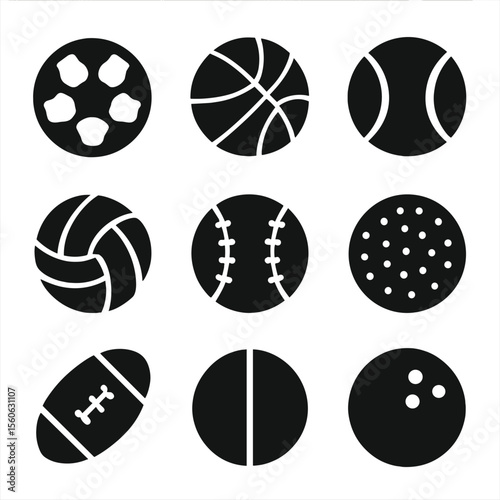 Sport Ball Icons. Solid, filled icon set of sports balls: soccer ball, basketball, tennis ball, volleyball, baseball, golf ball,