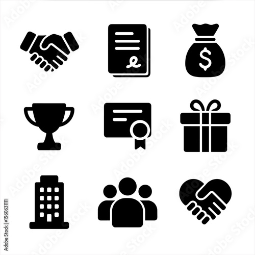 Sponsorship Icons Grid. Solid, filled icon set of sponsorship and partnerships: handshake, contract, money bag, trophy,