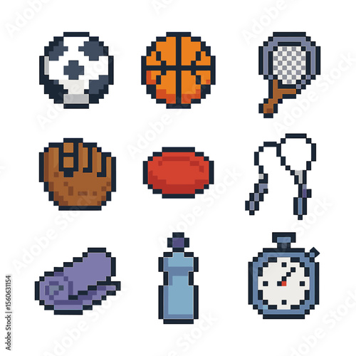 Sports Icon Grid. Pixel art icon set of sports activities together: soccer ball, basketball, tennis racket, baseball mitt, frisbee
