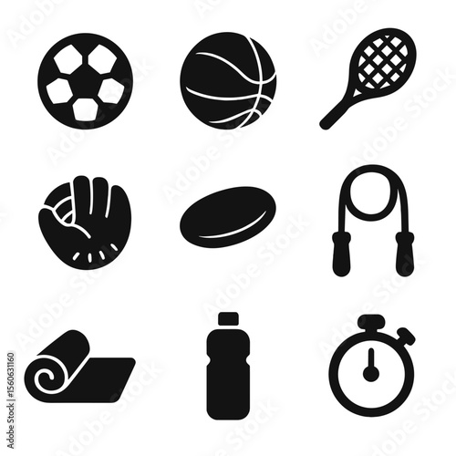Sports Icon Grid. Solid, Filled icon set of sports activities together: soccer ball, basketball, tennis racket, baseball mitt,
