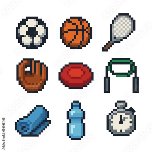 Sports Icon Grid. Pixel art icon set of sports activities together: soccer ball, basketball, tennis racket, baseball mitt, frisbee