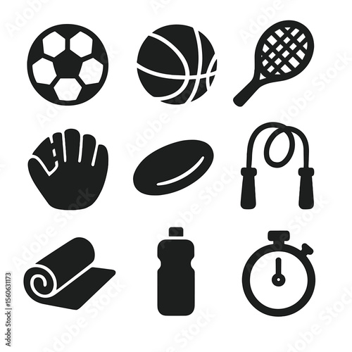 Sports Icon Grid. Solid, Filled icon set of sports activities together: soccer ball, basketball, tennis racket, baseball mitt,