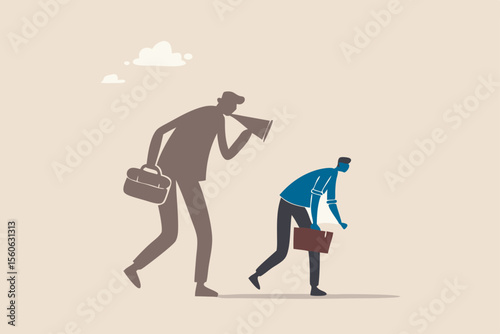 Self criticism, negative critic thinking to blame yourself, guilt or depression to rant or inner anxiety, anger or stress psychology concept, depressed businessman self shadow blame with megaphone.