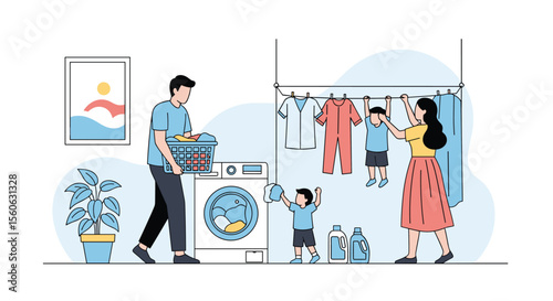 Family happily does laundry together in a bright modern home environment