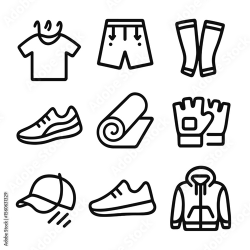 Sportswear Icon Grid. Solid, filled icon set of sportswear fabrics and gear: breathable shirt, moisture-wicking shorts,