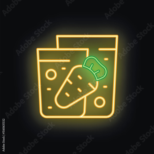 Yellow glowing neon sign of a vacuum sealer with a carrot inside, used for sous vide cooking