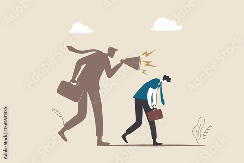 Self criticism, negative critic thinking to blame yourself, guilt or depression to rant or inner anxiety, anger or stress psychology concept, depressed businessman self shadow blame with megaphone.