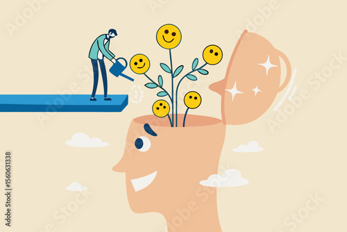 Wellbeing, happiness or positive attitude, relaxation to reduce anxiety increasing positive emotion, feeling or mental wellbeing concept, man watering brain growing happy smiling face seedling plant.