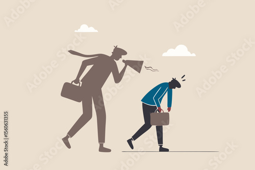 Self criticism, negative critic thinking to blame yourself, guilt or depression to rant or inner anxiety, anger or stress psychology concept, depressed businessman self shadow blame with megaphone.