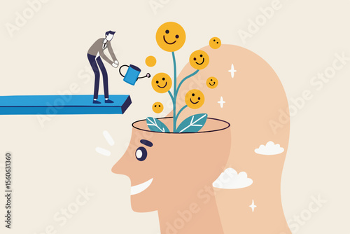 Wellbeing, happiness or positive attitude, relaxation to reduce anxiety increasing positive emotion, feeling or mental wellbeing concept, man watering brain growing happy smiling face seedling plant.