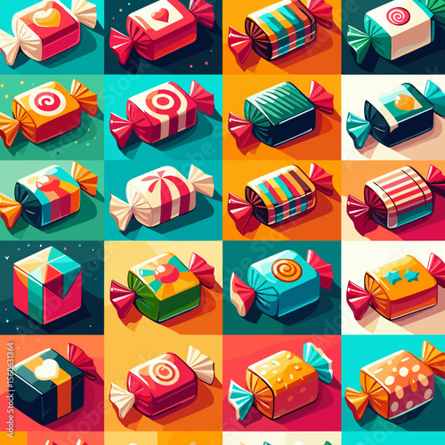 Colorful assortment of wrapped candies and sweets in a playful pattern