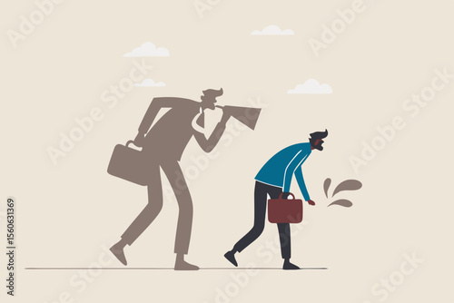 Self criticism, negative critic thinking to blame yourself, guilt or depression to rant or inner anxiety, anger or stress psychology concept, depressed businessman self shadow blame with megaphone.