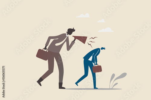Self criticism, negative critic thinking to blame yourself, guilt or depression to rant or inner anxiety, anger or stress psychology concept, depressed businessman self shadow blame with megaphone.