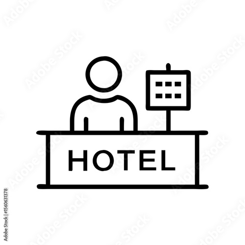 Hotel receptionist assisting guests at front desk in minimal style  