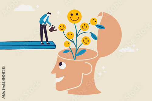 Wellbeing, happiness or positive attitude, relaxation to reduce anxiety increasing positive emotion, feeling or mental wellbeing concept, man watering brain growing happy smiling face seedling plant.
