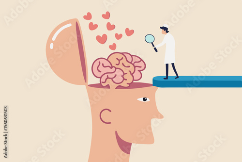 Amnesia losing memory, brain dementia, alzheimer disease, mental illness, thinking or remember disorder, psychology or anxiety concept, doctor with magnifying glass analyze amnesia patient brain.