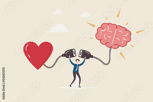 Emotional Intelligence, EI or control feeling and emotion with logical thinking brain, empathy or social skill, self control or balance concept, man connect heart feeling with logical thinking brain.