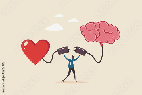 Emotional Intelligence, EI or control feeling and emotion with logical thinking brain, empathy or social skill, self control or balance concept, man connect heart feeling with logical thinking brain.