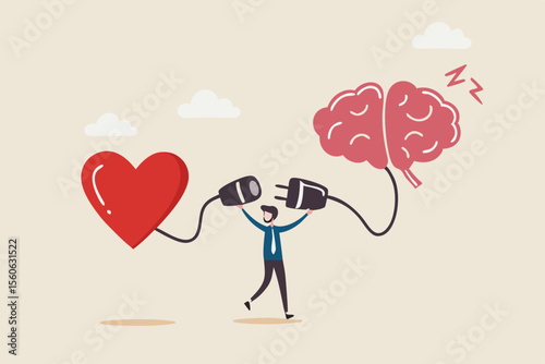 Emotional Intelligence, EI or control feeling and emotion with logical thinking brain, empathy or social skill, self control or balance concept, man connect heart feeling with logical thinking brain.