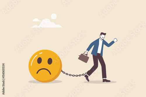Stressed burden, anxiety or negative thinking, anger or emotional causing problem, mental health or depression, overworked or overwhelmed concept, depressed businessman chain with sad face burden.