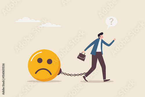 Stressed burden, anxiety or negative thinking, anger or emotional causing problem, mental health or depression, overworked or overwhelmed concept, depressed businessman chain with sad face burden.