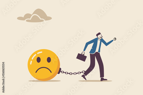 Stressed burden, anxiety or negative thinking, anger or emotional causing problem, mental health or depression, overworked or overwhelmed concept, depressed businessman chain with sad face burden.