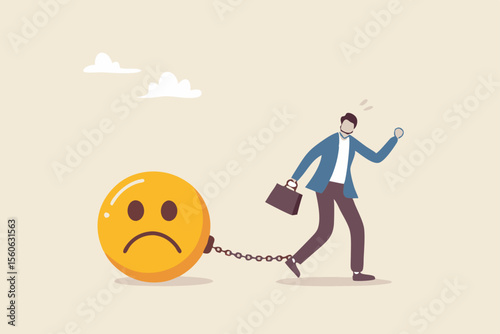 Stressed burden, anxiety or negative thinking, anger or emotional causing problem, mental health or depression, overworked or overwhelmed concept, depressed businessman chain with sad face burden.
