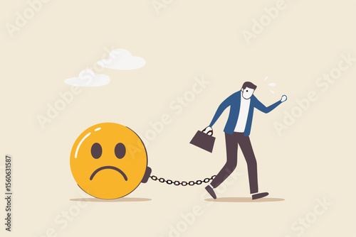 Stressed burden, anxiety or negative thinking, anger or emotional causing problem, mental health or depression, overworked or overwhelmed concept, depressed businessman chain with sad face burden.