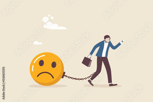 Stressed burden, anxiety or negative thinking, anger or emotional causing problem, mental health or depression, overworked or overwhelmed concept, depressed businessman chain with sad face burden.