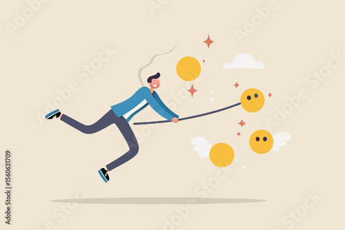 Pursuit of happiness, finding true life success, positive thinking or optimistic, feeling bless, humor or joyful concept, cheerful man catch smiling face with butterfly net metaphor of happiness.