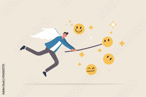 Pursuit of happiness, finding true life success, positive thinking or optimistic, feeling bless, humor or joyful concept, cheerful man catch smiling face with butterfly net metaphor of happiness.