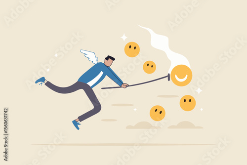 Pursuit of happiness, finding true life success, positive thinking or optimistic, feeling bless, humor or joyful concept, cheerful man catch smiling face with butterfly net metaphor of happiness.
